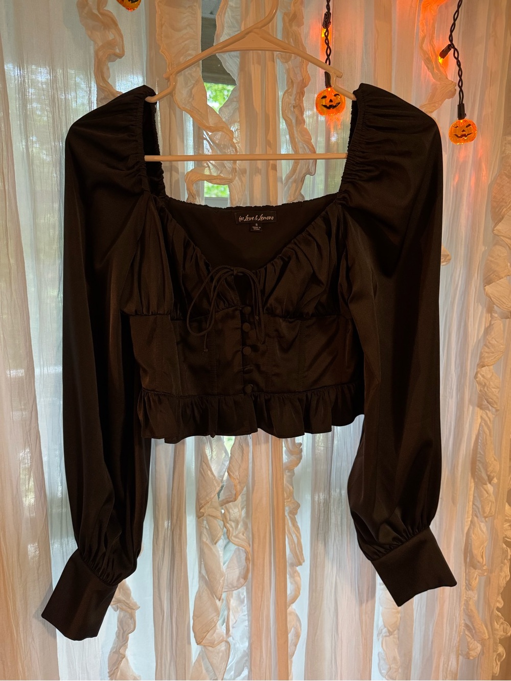 For Love & Lemons Black Puff-Sleeve Crop Blouse